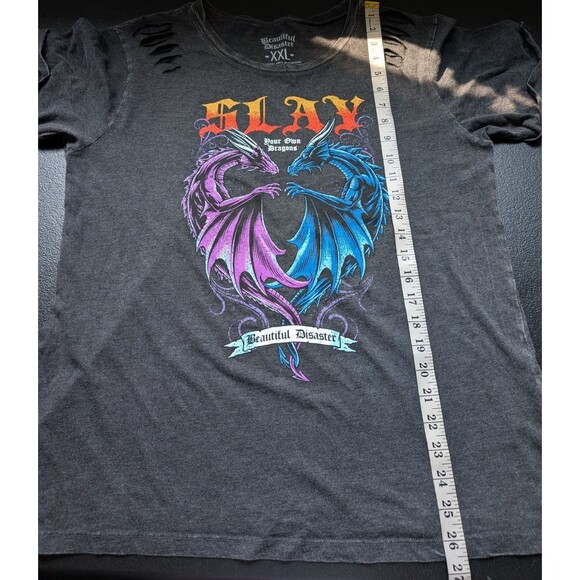 Beautiful Disaster Women's Slay Slash Shoulder Tee Dragons Size XXL - Picture 6 of 12